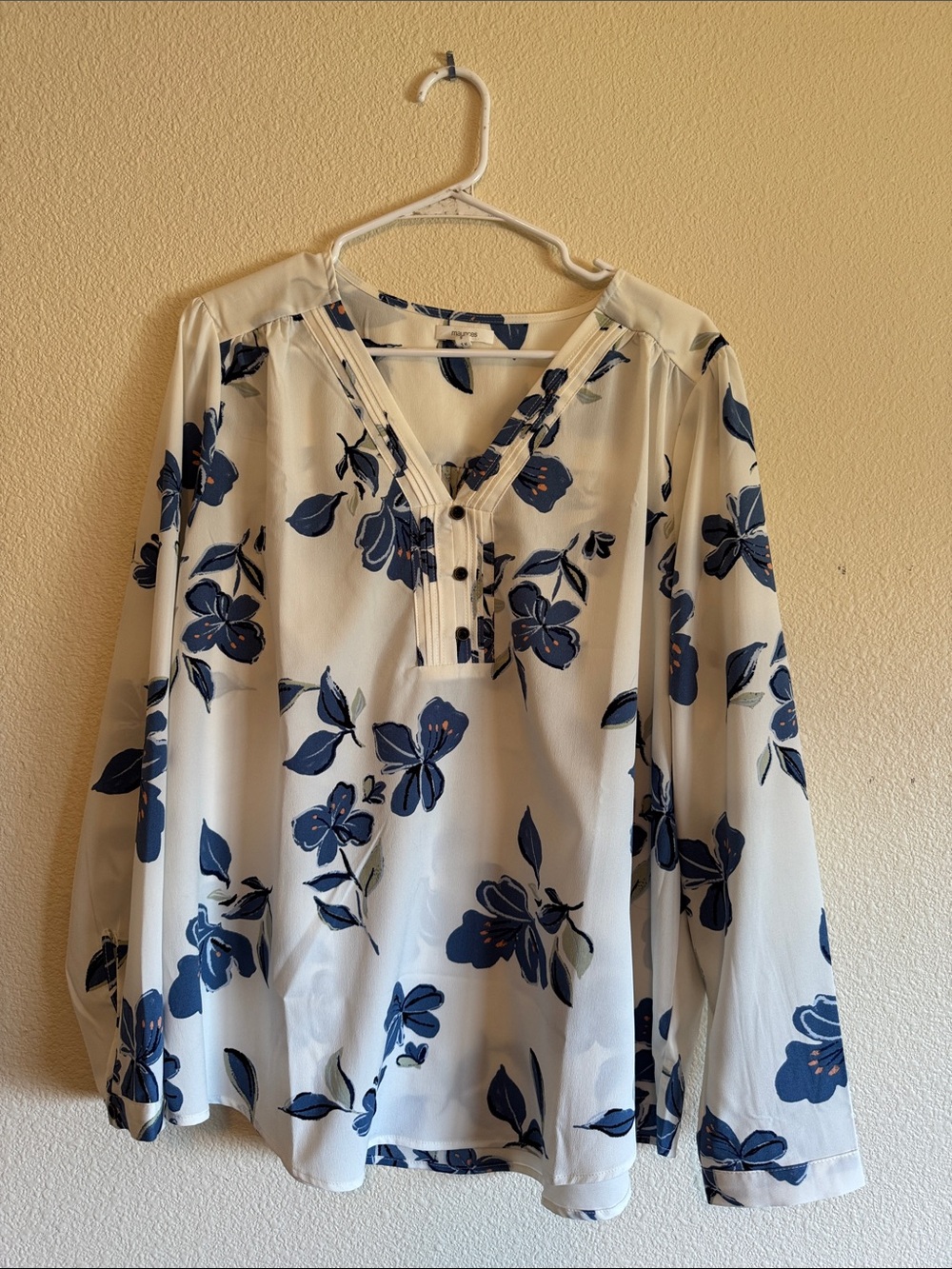 Maurices Cream V-Neck Blouse with Blue Floral Print
